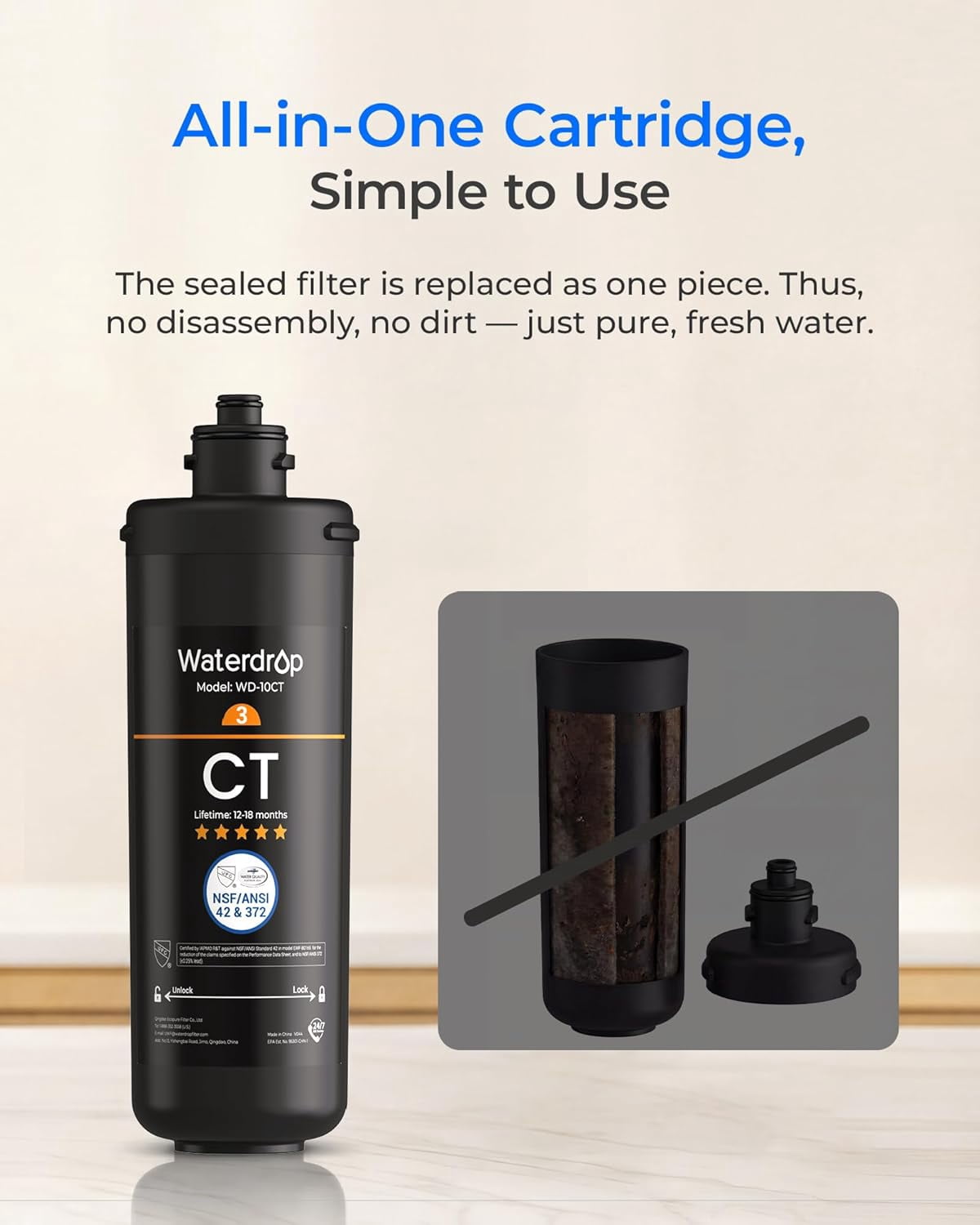 Waterdrop WD-10CT Under Sink Water Filter, Replacement TSA & TSB 3-Stage Under Sink Water Filter System