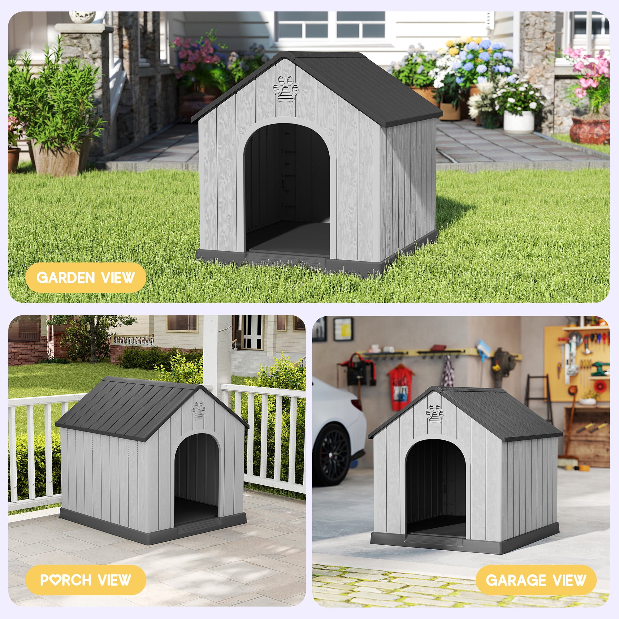Nihsuao Dog House for Medium Large Dogs, Durable PP Waterproof Outdoor & Indoor Dog Shelter with Air Vents, Elevated Floor, Easy Clean and Assemble, Black (36.2"L×38"W×38"H)