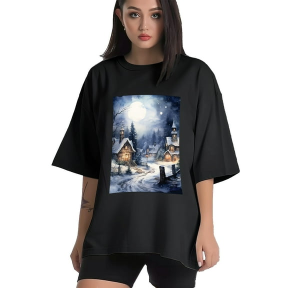 Plus Size Shirt for Women Black Tops for Women Short Sleeves Shirt for Women Vintage Village At Night3 T Shirt Crewneck Shirt for Women XS