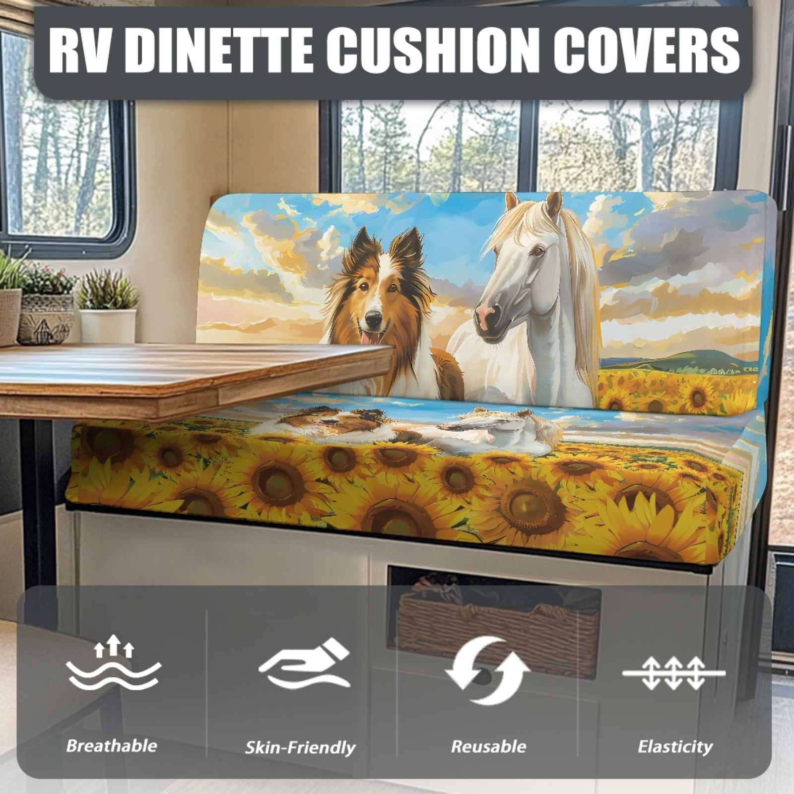 Kuiaobaty RV Dinette Cushions Covers RV Stretch Sofa Seat Slipcovers with 1 Backrest Cover & 1 Bench Cover Home & Kitchen Accessories for RV, Blue Sky Sheltie Dog Horse Sunflower Pattern
