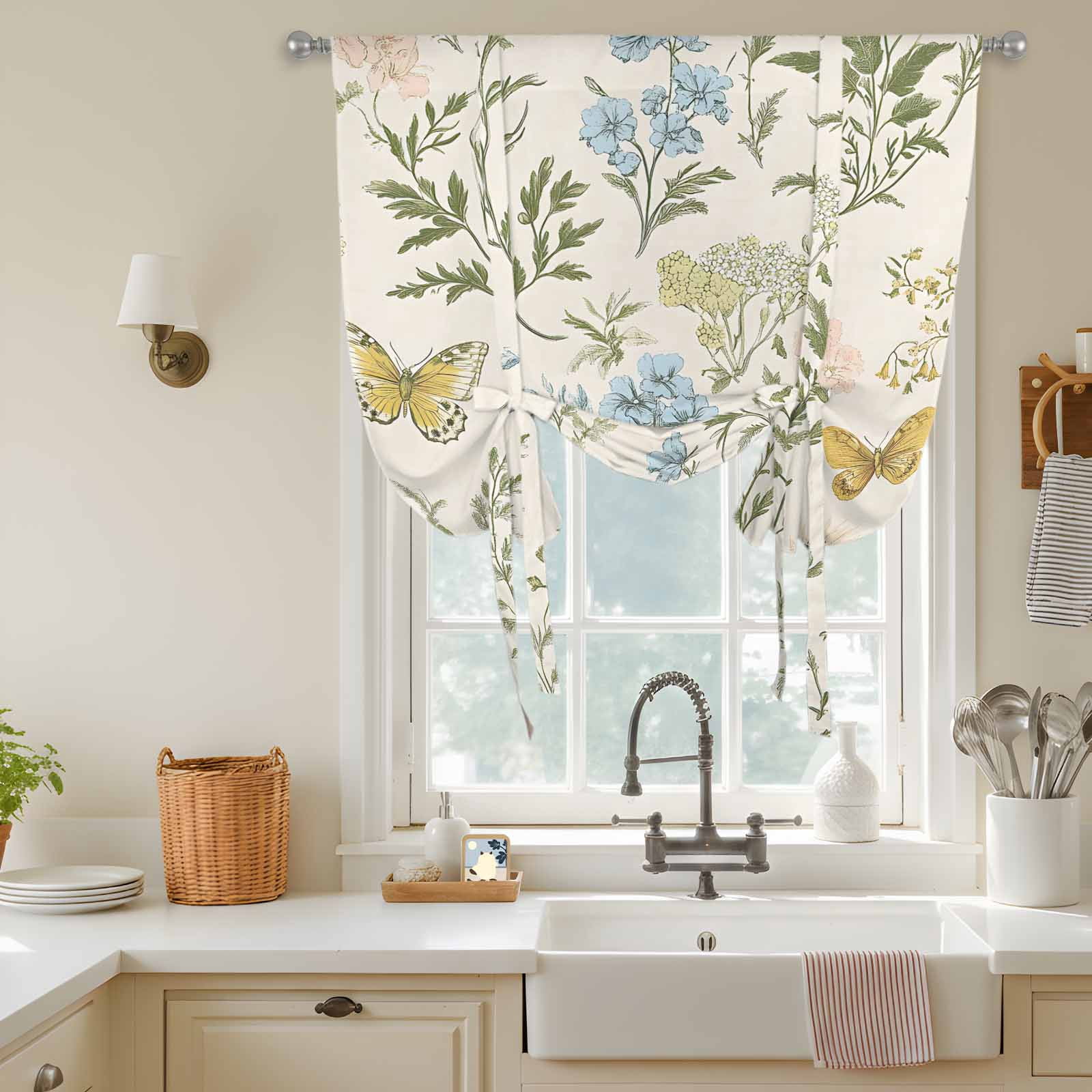 Colored Wildflowers Tie Up Curtain 45 Inches Long, Butterfly Leaf Linen Texture Balloon Style Kitchen Window Curtain Over Sink, Small Window Rod Pocket Curtain 34"x45"