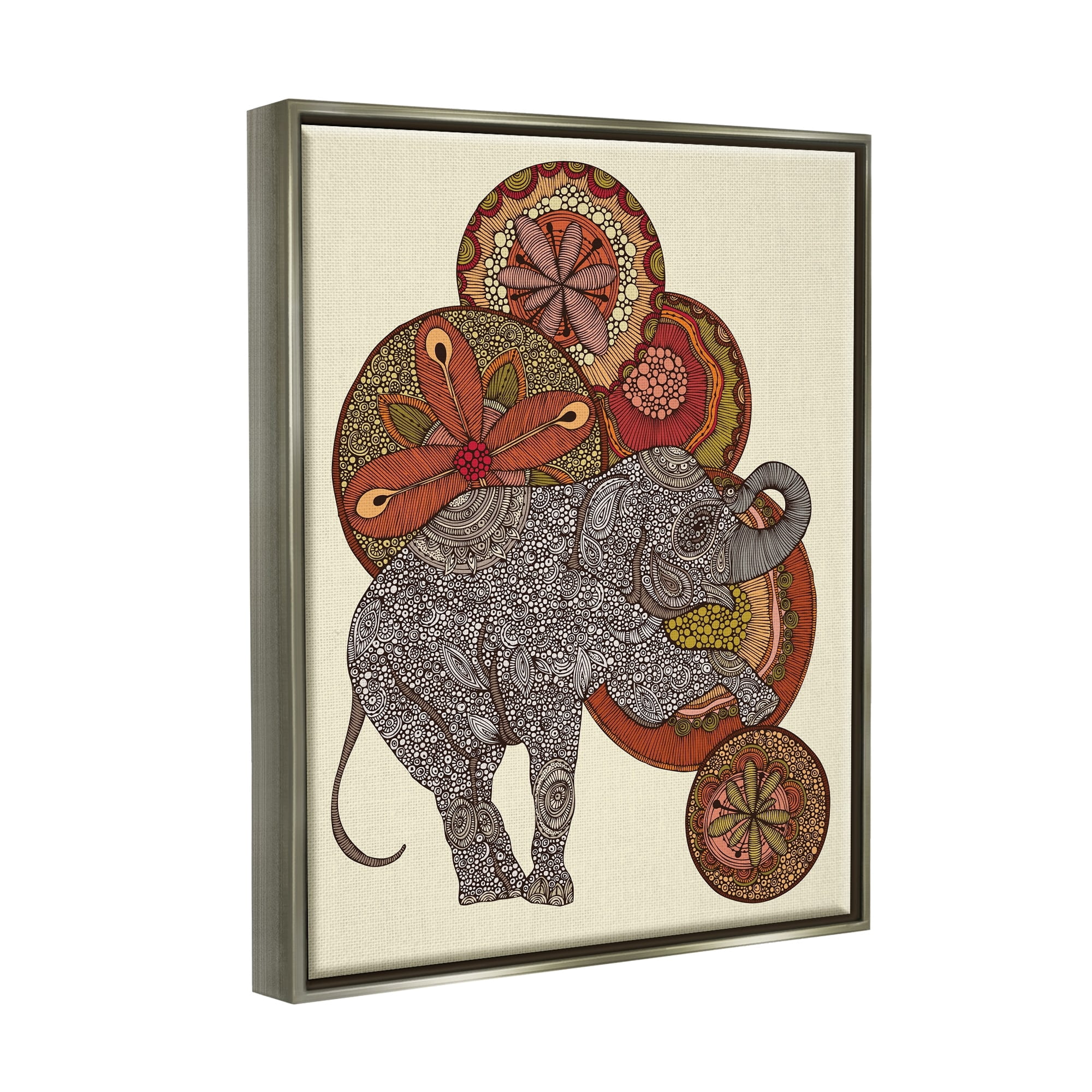 Stupell Industries Elephant & Ball Detailed Mandala Fractals Floral Shapes Graphic Art Luster Gray Floating Framed Canvas Print Wall Art, Design by Valentina Harper