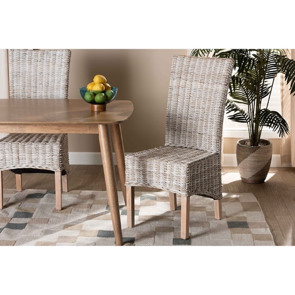 Baxton Studio Trianna Rustic Transitional Whitewashed Rattan and Natural Brown Finished Wood Dining Chair