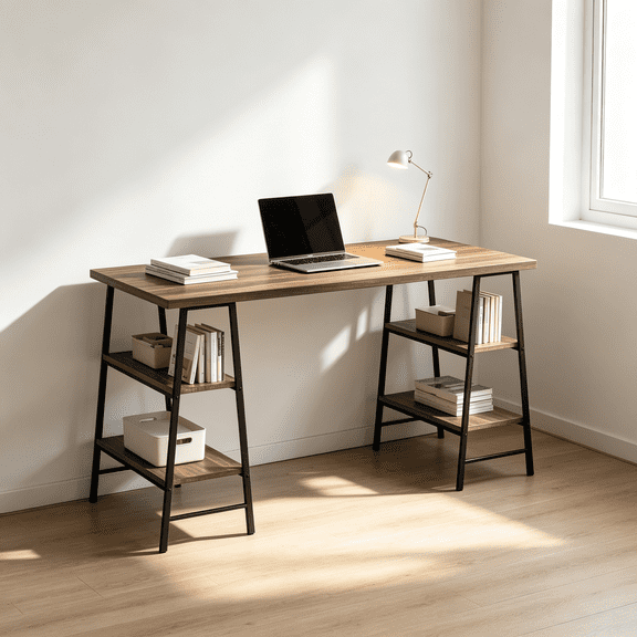 Computer Desk with 4 Storage Shelves, 47.25 in Writing Desk for Home Office, Laptop Workstation, Brown Laminate and Black Metal