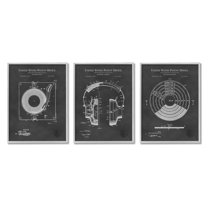 Stupell Industries Vintage Music Headphones Record Player Turntable Blueprint Framed Wall Art, 11 x 14, Design by Karl Hronek