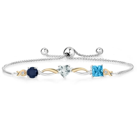Gem Stone King 925 Silver and 10K Yellow Gold Blue Sapphire Sky Blue Aquamarine Swiss Blue Topaz and Lab Grown Diamond Tennis Bracelet for Women By Keren Hanan (2.13 cttw, Adjustable up To 9 inch)
