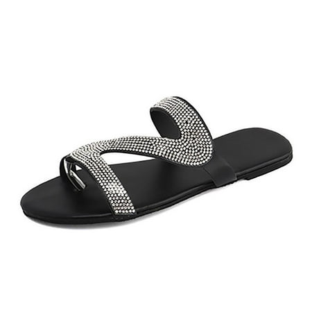 

Black and Friday/Cyber·Monday Deals asdoklhq Slippers for Women Summer Women s Casual Solid Crystal Roman Plus-size Flat Slippers Sandals Shoes