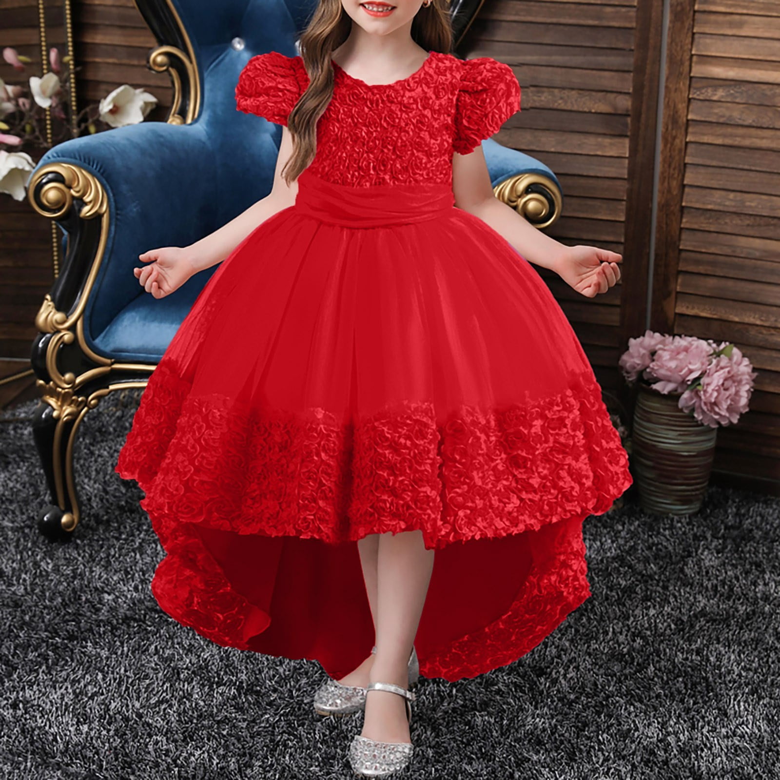 Girls Dress Flower Girl Lace Wedding Short Sleeve Dress Solid
