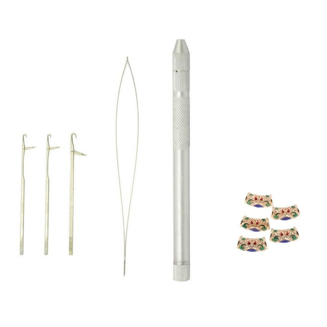 1 Unids Extensión Del cabellero Loop Threader Herramientas De Elaboración + 5 Unids Rhinestone Metal Alloy Spacer Beads Tubos shamjiam Perlas de pelo rastas