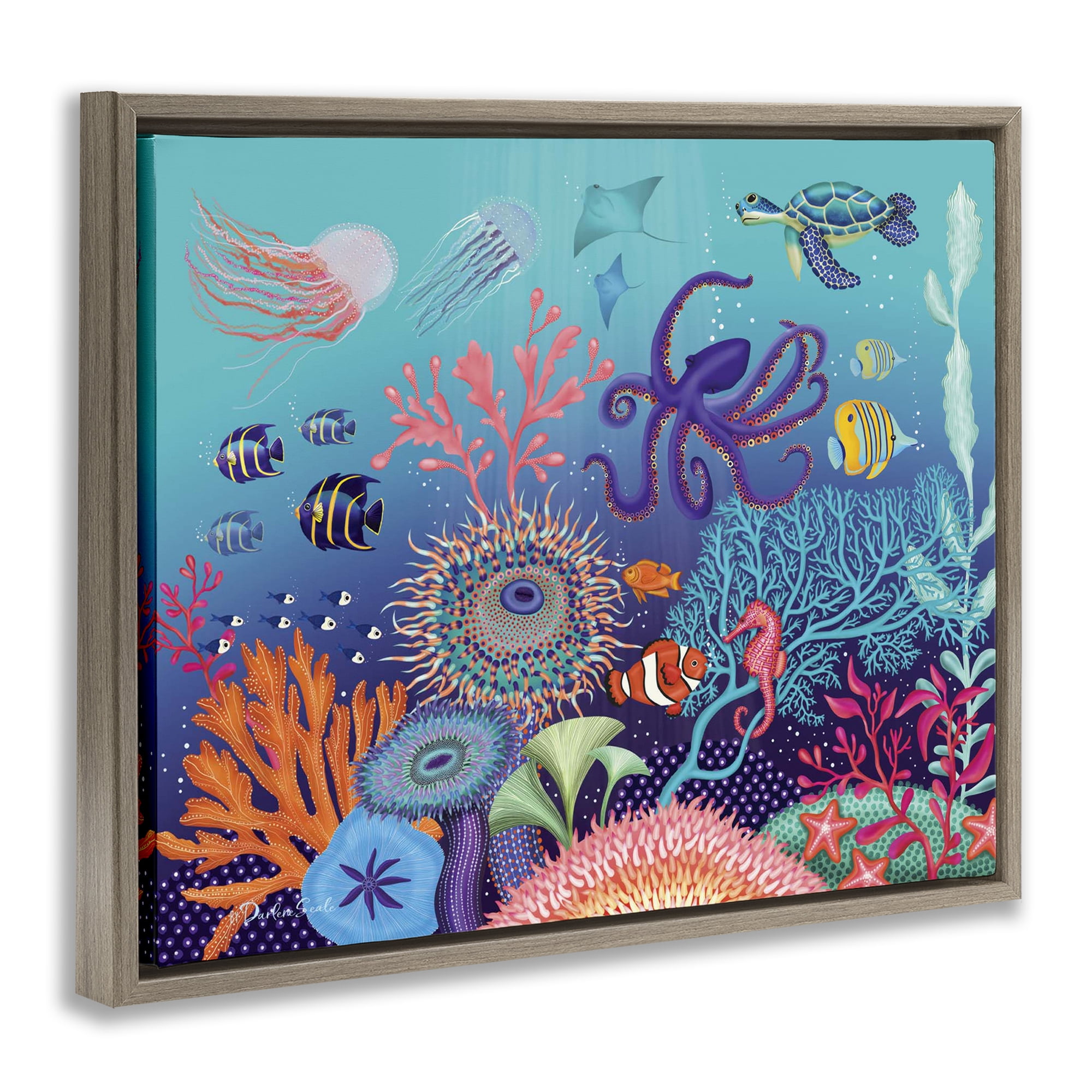 Stupell Industries Magical Underwater Reef Nautical & Beach Painting Brown Floater Framed Canvas Art Print Wall Art, 25 x 31