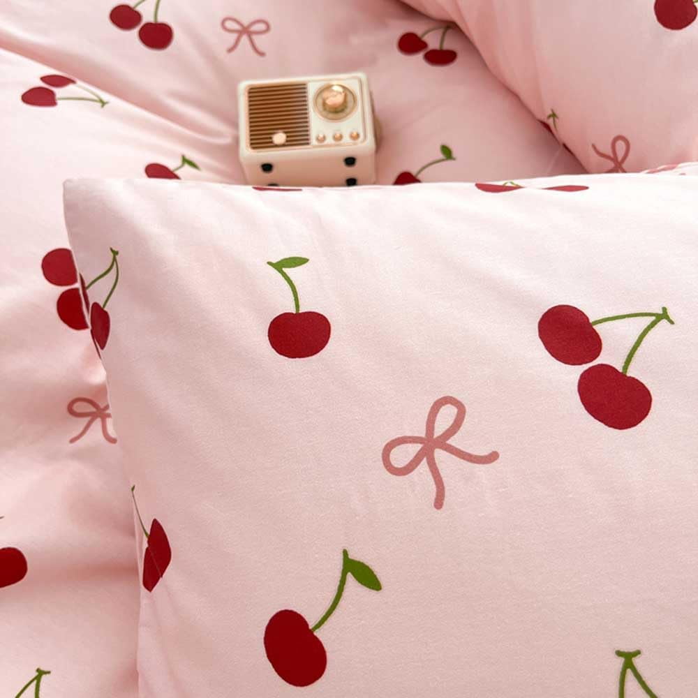 JOLUSERE 2-Piece Red Cherries with Pink Bows Comforter Twin Set , Soft Aesthetic Cherry Pattern Bedding Set for Kids Adults
