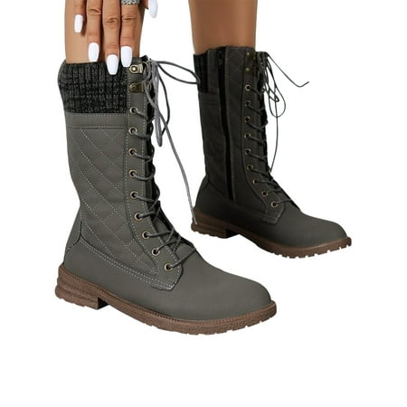 

SIMANLAN Women Casual Mid-Calf Boots Fashion Low Heel Walking Comfort Side Zipper Winter Shoes Gray 5.5