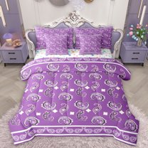 Homewish Retro Flower Paisley 7-Piece Twin Bedding Sets,Boho Bohemain Style Bedding Comforter Set,Purple Floral Sheet Sets For Men Women,Microfiber Bedroom Decor Reversible