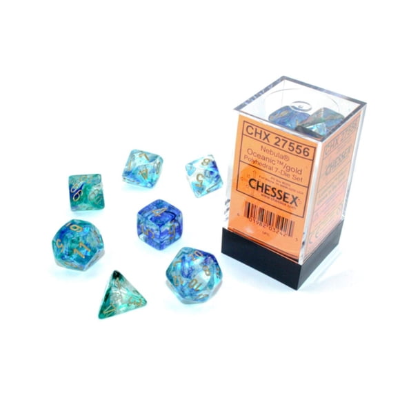 Juego de dados poliédricos Chessex Nebula Oceanic con luminaria dorada
