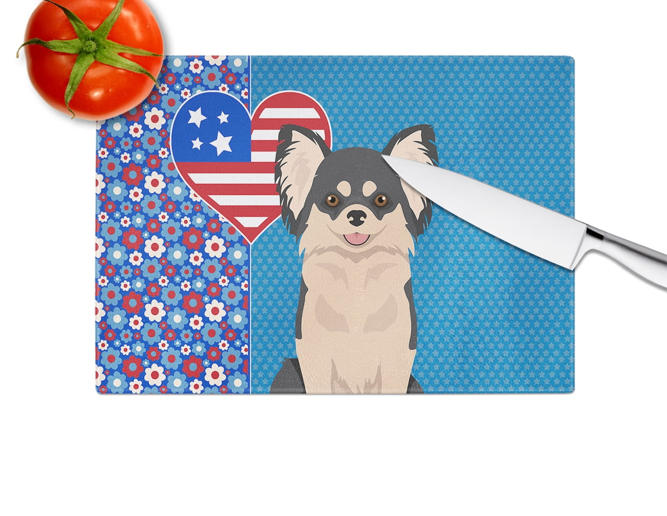 Longhaired Black and White Chihuahua Glass Cutting Board Large 12 in x 15 in