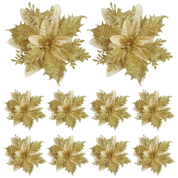 Flor de Pascua artificial con purpurina de 5,51 pulgadas, 10 Uds., para decoración de árbol de Navidad (dorado)