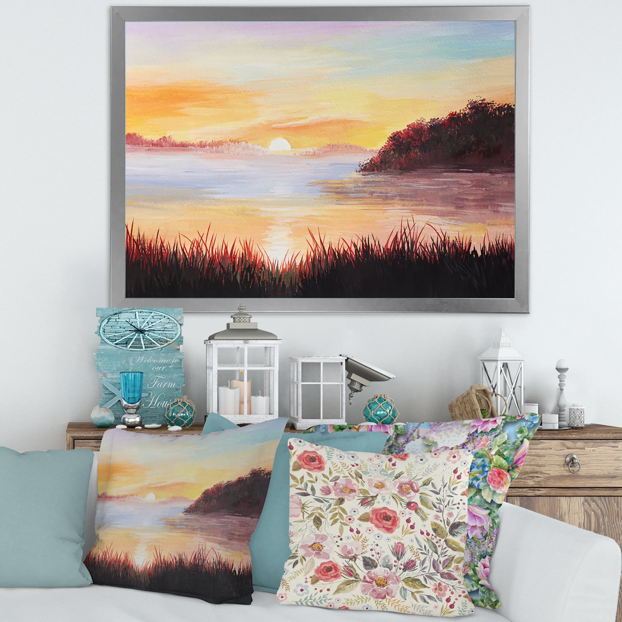 Designart 'The Reeds On The Lake In Evening Glow' Nautical & Coastal Framed Art Print