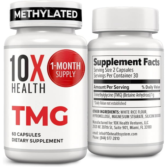 10X Health TMG Supplement Betaine Anhydrous - Trimethylglycine for Liver & Heart, 60 Capsules