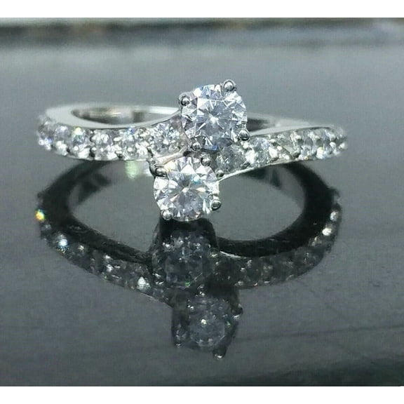 Women's Two Stone Ring 14K White Gold Plated 925 Silver 2CT Round Cut Lab Created VVS1/D Diamond
