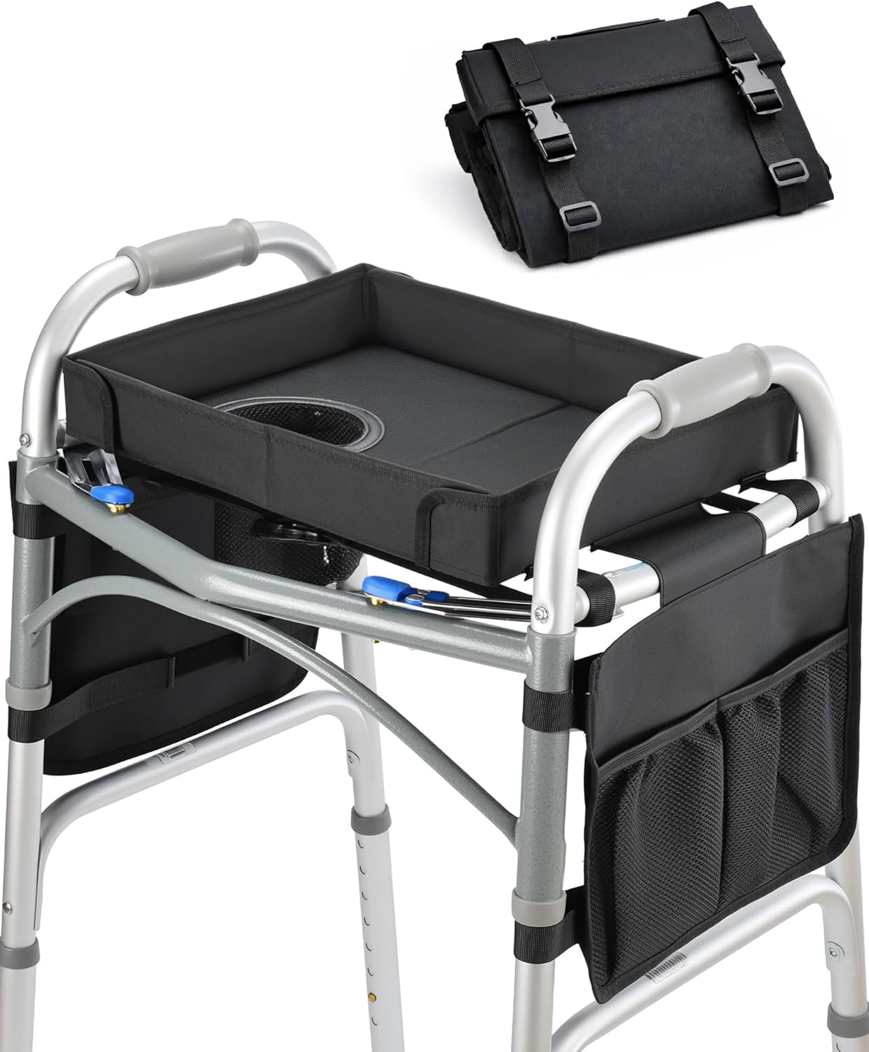 Folding Walker Tray with Cup Holder & Side Pockets, Spill-Proof Dining Tray for Rolling Walkers