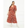 ELOQUII Elements Women's Plus Size Folk Print Midi Wrap Dress with Puff Sleeves