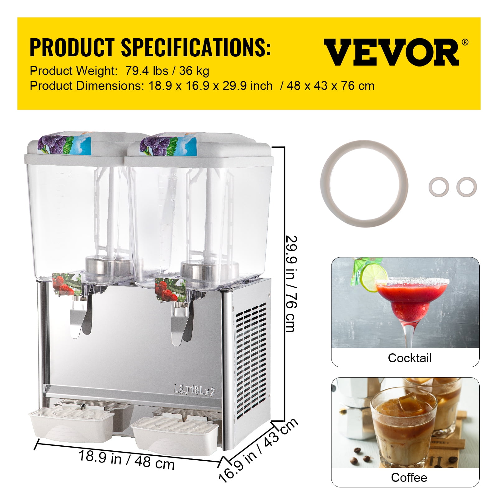 VEVOR 110V Commercial Beverage Dispenser,14.25 Gallon 54L 3 Tanks