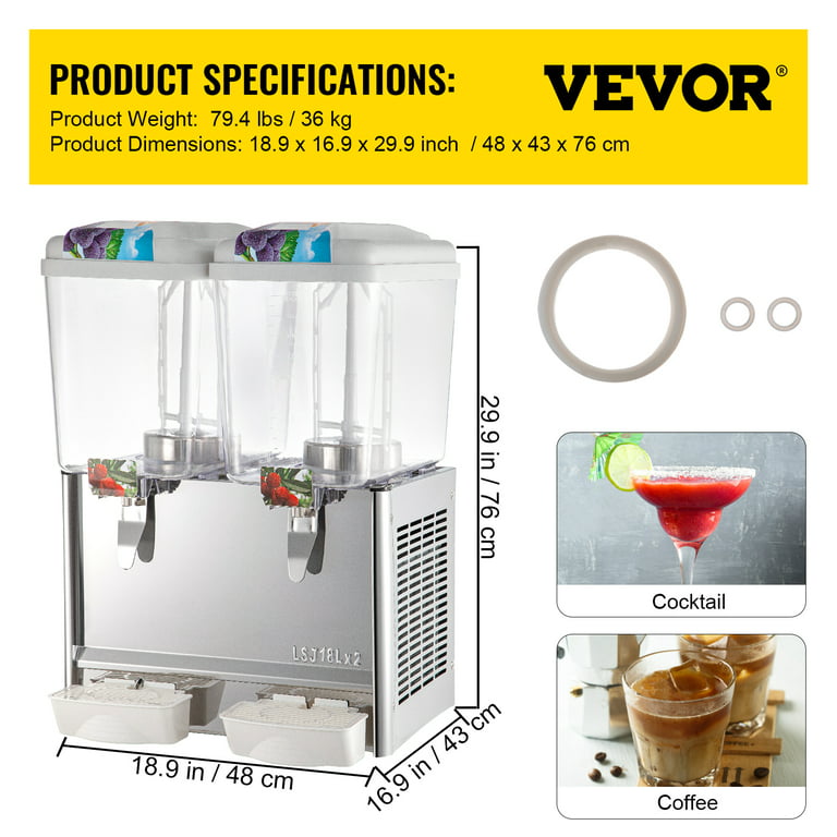 VEVOR Commercial Beverage Dispenser 6.4 Gallon 24L 2 Tanks,Ice Tea Drink Machine 12 Liter per Tank 150W,Stainless Steel Food Grade Material 110V,Fruit