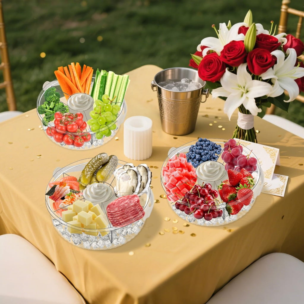 Clear Acrylic Food Storage Container With Ice Compartment 5 Sections For Cold Cut Appetizers Freshness Produce Display
