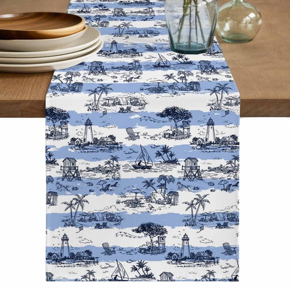 Coastal Nautical Table Runner 72 Inches, Summer Ocean Sea Corals Blue Striped Bed Runner Dresser Scarves Tabletop for Indoor Outdoor Parties/Ceremony/Banquet, 14" x 72"
