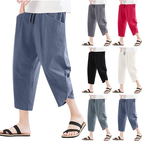 RYDCOT Men's Baggy Capri Pants Plus Size Below Knee Casual Lightweight 3/4 Shorts Big and Tall Summer Drawstring Harem Pants with Pockets Red