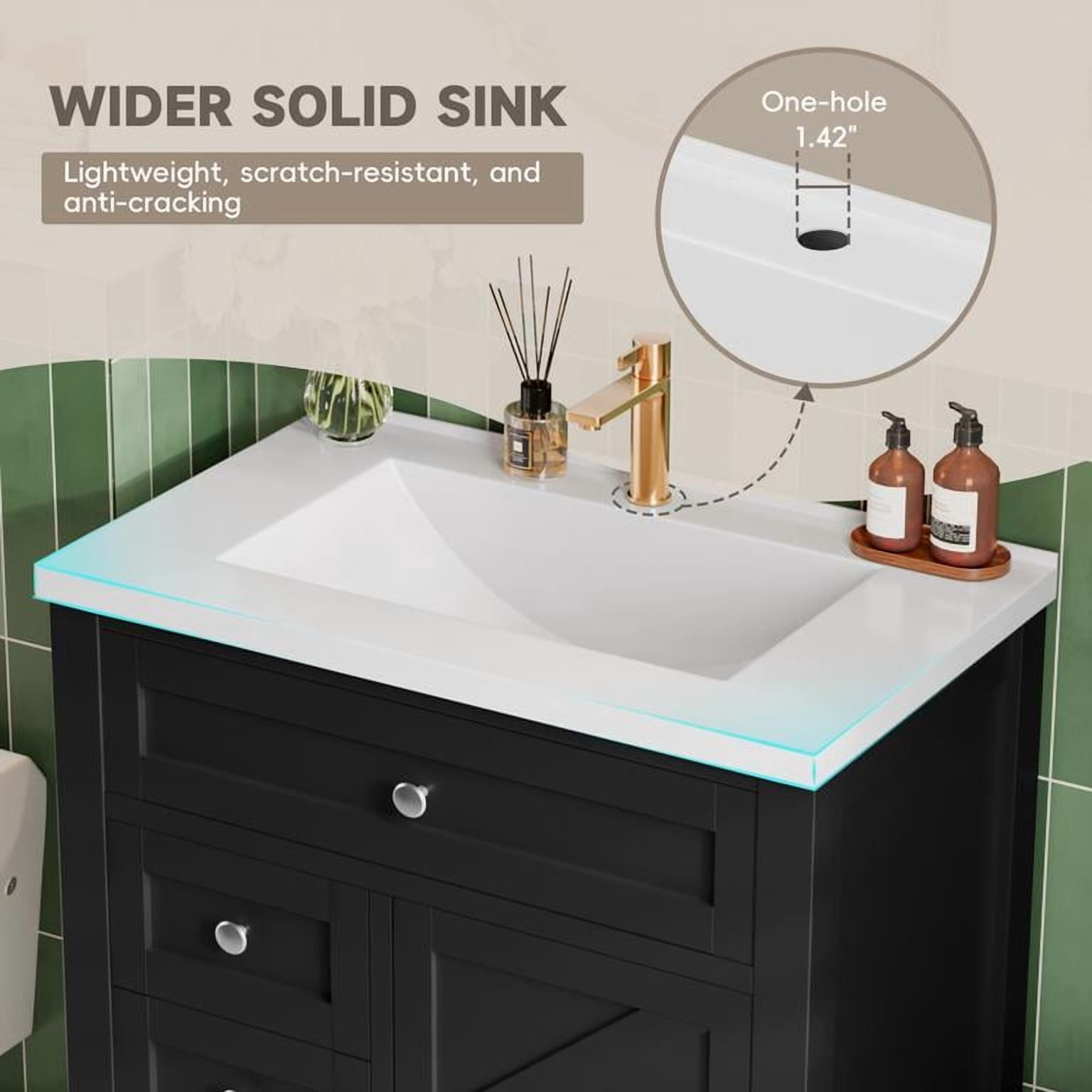 Lacoo 30'' Bathroom Vanity with Resin Sink, Wood Bathroom Storage Cabinet with Drawers and Shelves for Bathroom, Black