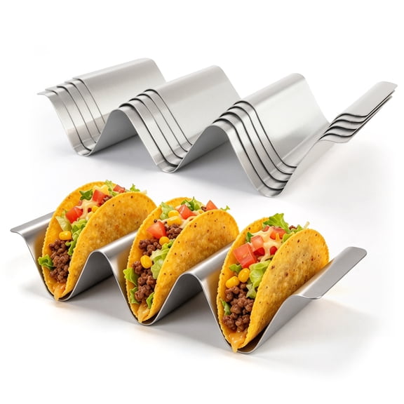 TACYKIBD Stainless Steel Taco Holder Set of 6 - Taco Holder Stand with Handles, Dishwasher and Grill Safe Taco Rack, Taco Serving Set, BPA-Free Metal Taco Stand