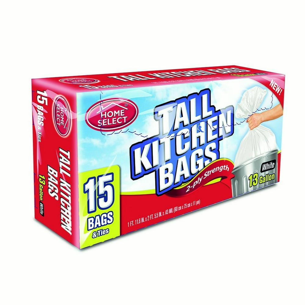 Home Select Trash Bags, 13 gallon, White, 15 Ct