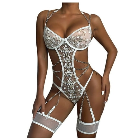 

KDDYLITQ Women Lingerie Sets Chain with Garter Belt 3 Piece Sexy Lace Women s Bra and Panty Set White XL