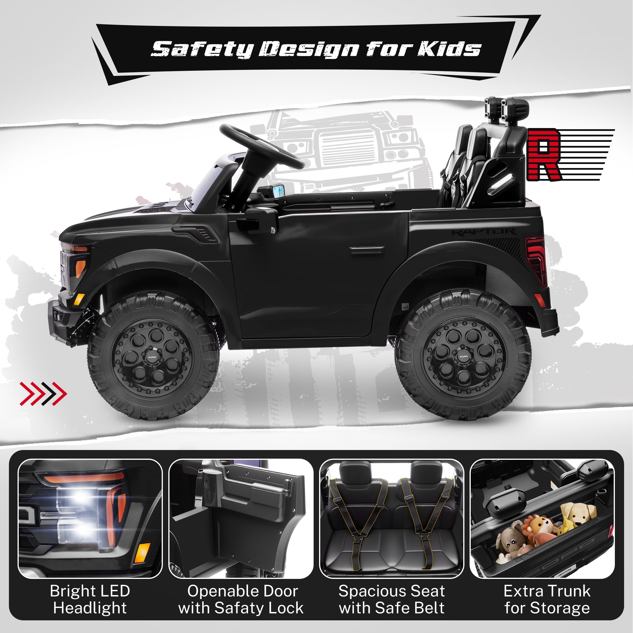 Ford F150 Raptor 2 Seater Ride on Toy Trucks for Kids, 24V Powered 2 Seat Ride on Cars with Remote Control/4 Wheelers/LED/Bluetooth/ Truck Bed Storage/Soft Start, Kids Electric Cars for Boys Girls