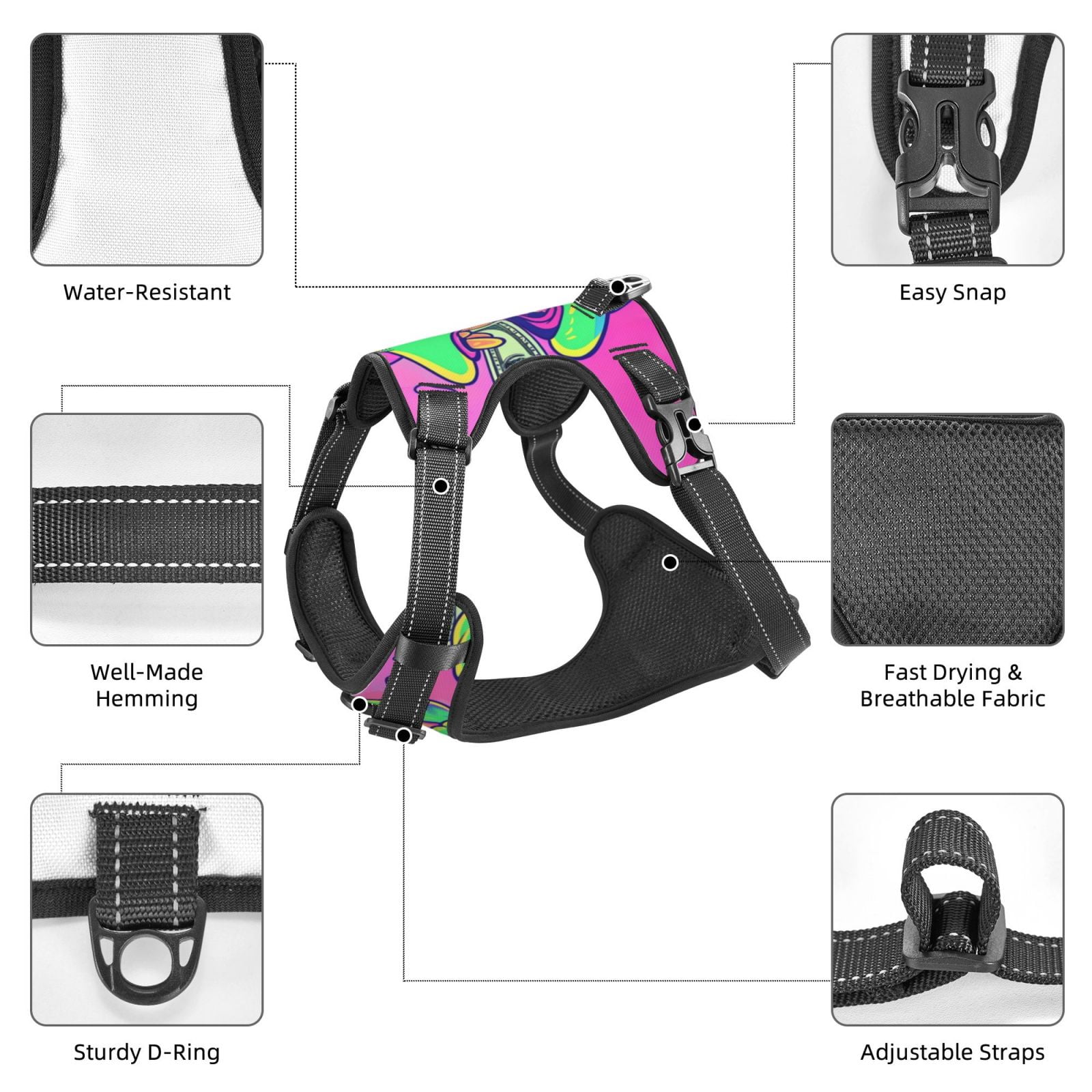 Vsdgher Psychedelic Cartoon Frog Dog Harness, No-Pull Pet Harness, Dog Vest, Pet Vest for Small to Large Dogs-Small