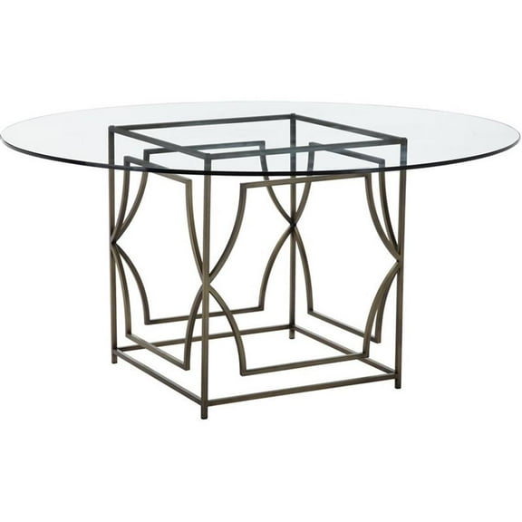 Pemberly Row Metal Round Dining Table with Glass in Brushed Brass