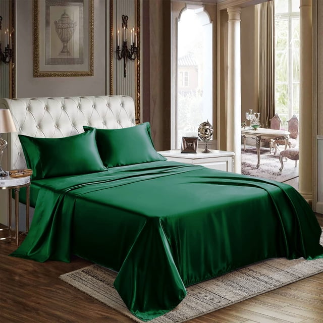 Cozylux Sábanas De Satén Tamaño King – Juego De Sábanas De 4 Piezas Verde Oscuro Con Microfibra Sedosa, 1 Sábana Bajera Ajustable Con Bolsillo Profundo, 1 Sábana Plana Y 2 Fundas De Almohada, Suaves Y