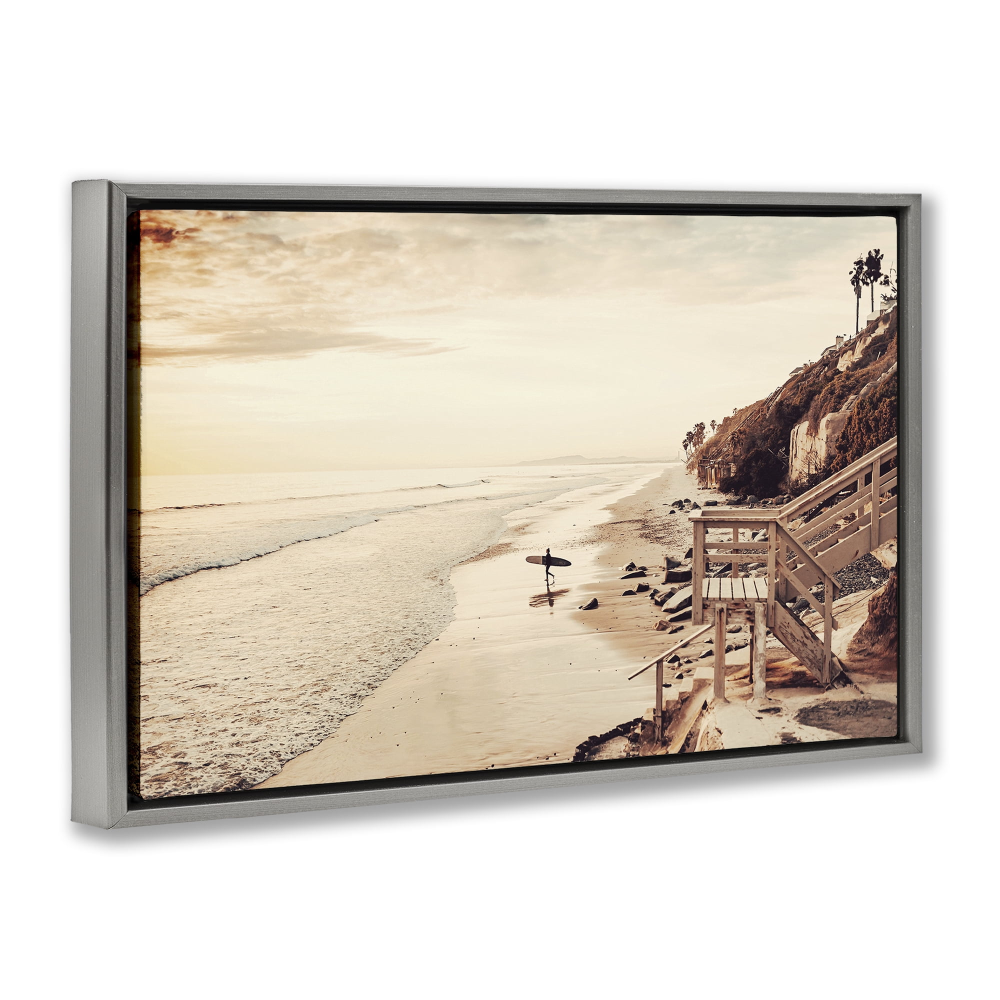 Stupell Industries Sunset & Surf Landscape Nautical & Beach Photography Gray Floater Framed Canvas Art Print Wall Art, 25 x 17