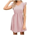 thumbnail image 1 of AherBiu Boho Dresses for Women Ruffle Shoulder Dotted V Neck Elastic Waist Ruched Flowy Short Dress, 1 of 5