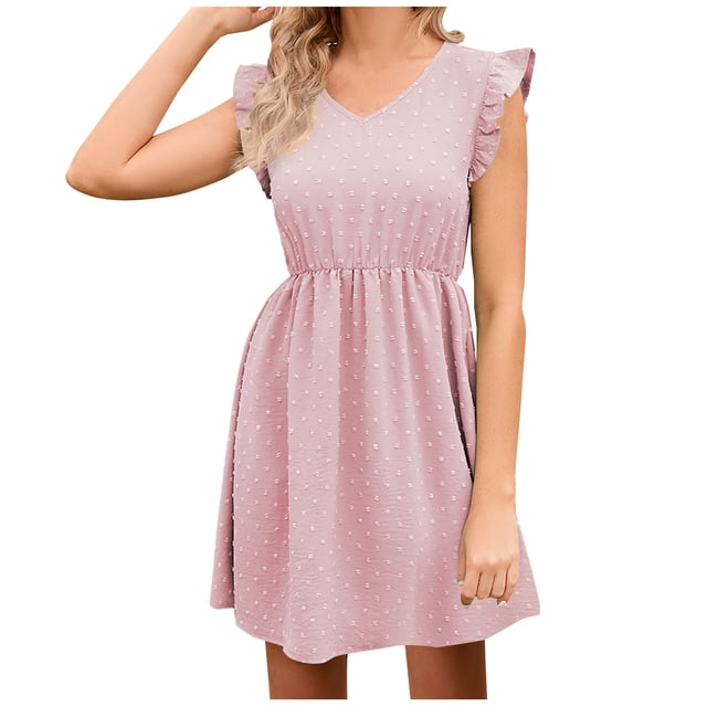 AherBiu Boho Dresses for Women Ruffle Shoulder Dotted V Neck Elastic Waist Ruched Flowy Short Dress
