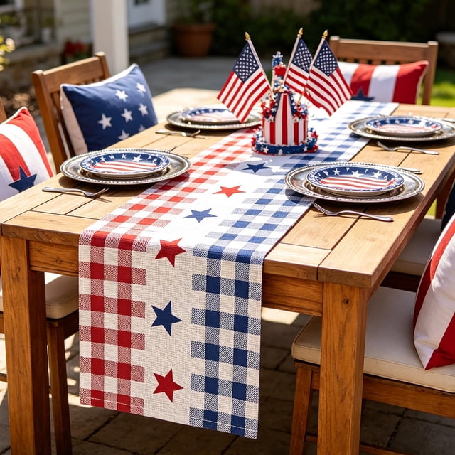 Independence Day Table Runner, Multicolor Linen Patriotic Decor for Dining Table, 183 x 33 cm, Heart Pattern, 1 Pack