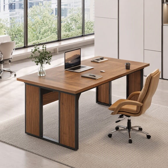 Fnova 63" Modern Large Executive Desk, Office Computer Desk with Privacy Panel & Metal Frame, Business Furniture, Brown & Black( Only Table)
