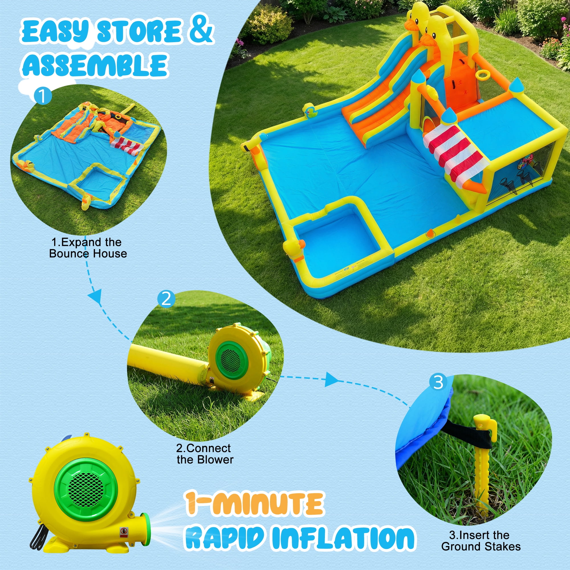KloKick Cute Duck Inflatable Water Park with Dual Pools, Slide, Basketball Hoop & 2 Water Guns