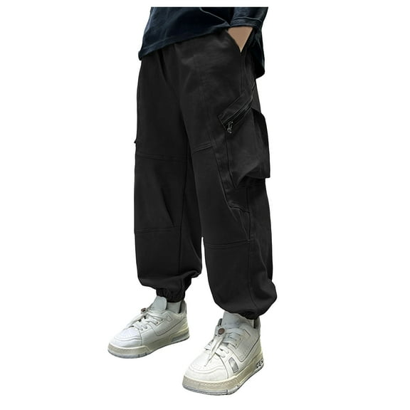 Boys' Fashion Boys Athletic Pants Size 10-12 Boys Cargo Joggers Drawstring Jogging Pants Kids Elastic Waist Trousers Black 10-12 Years