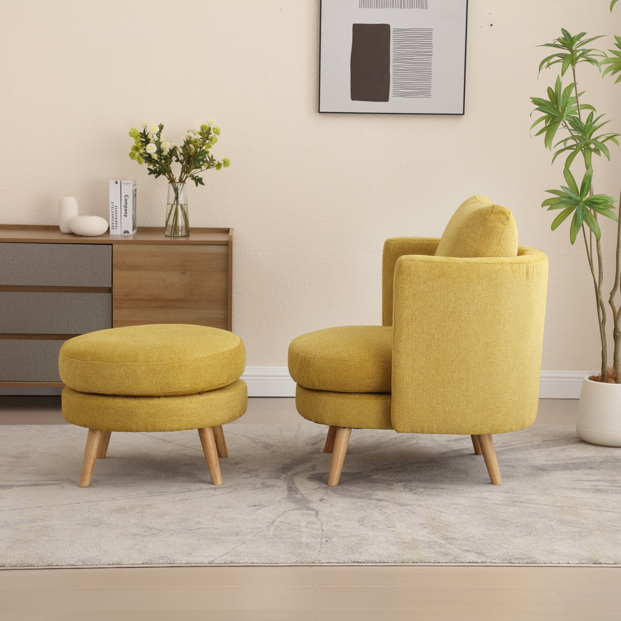 30.7"W Accent Chair with Ottoman,Upholstered Single Sofa with Throw Pillow & High Armrest,Comfort Reading Chair with Wooden Leg for Living Room Bedroom Dorm Room Office,Mustard