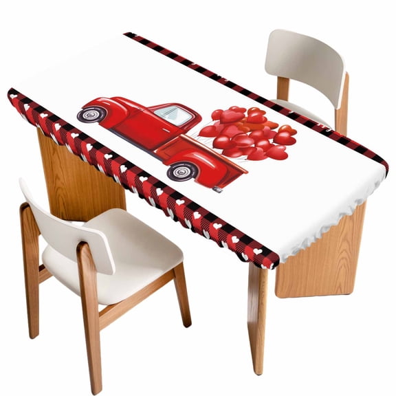 Valentine's Day Table Cloths for 6 Foot Rectangle Tables, Romantic Truck Love Balloons Red Plaid Patio Waterproof Elastic Fitted Tablecloths, Washable Rectangular Table Cover for Camping