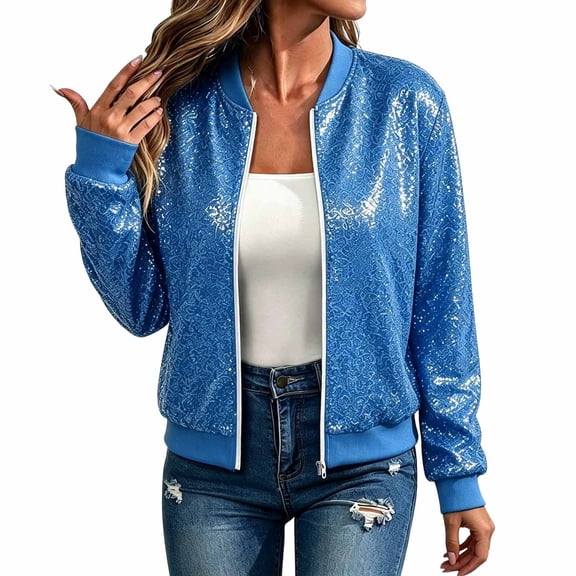 Ghalytn Women's Sequin Bomber Jacket Long Sleeve Zip Up Stand Collar Sparkly Outerwear Party Night Out