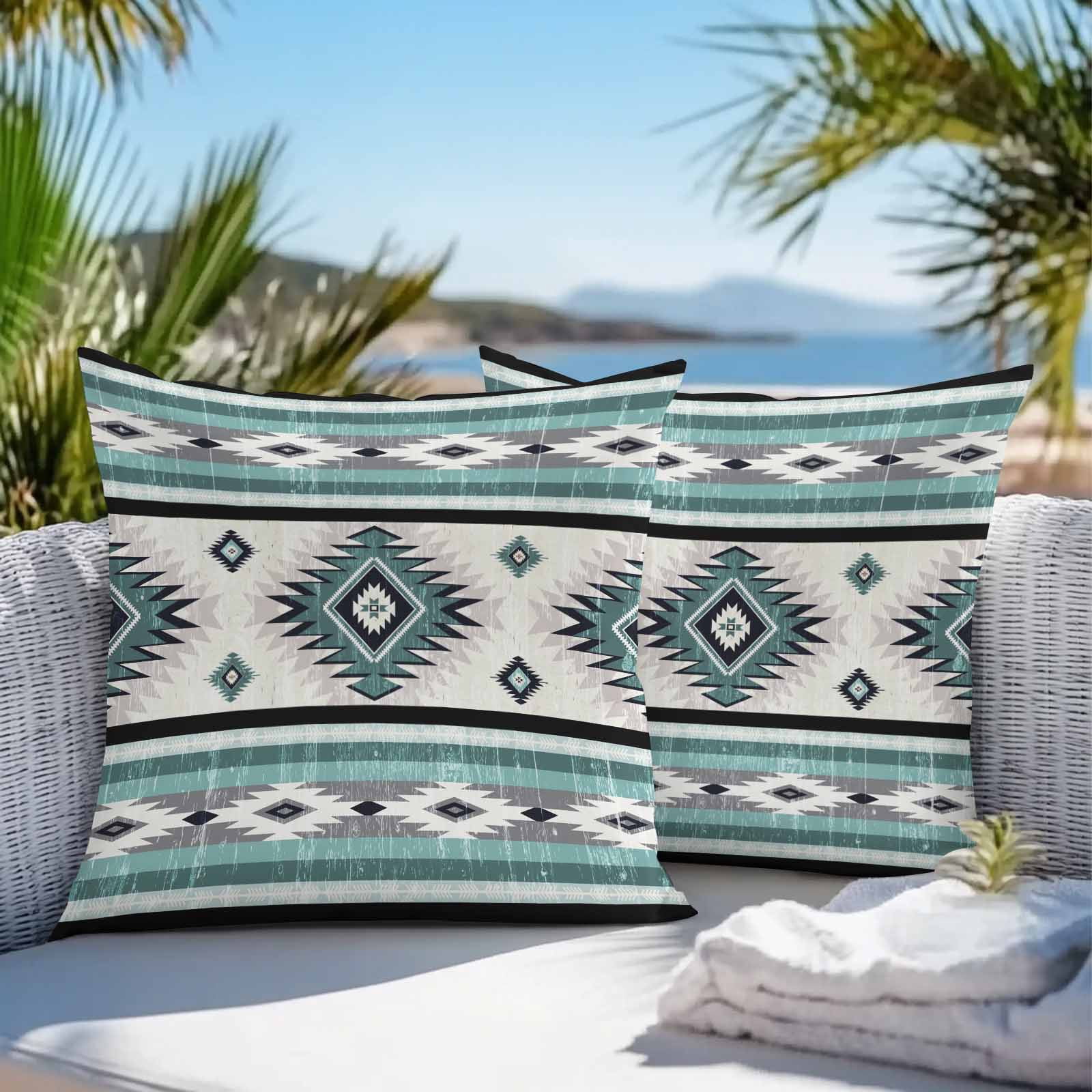 Outdoor Waterproof Throw Pillow Covers Set of 2 Turquoise Boho Aztec Decorative Pillowcases Outdoor Pillows Cushion Case 16x16 Inch Southwest Tribal Geometric Patio Pillows for Couch Sofa Bed Garden