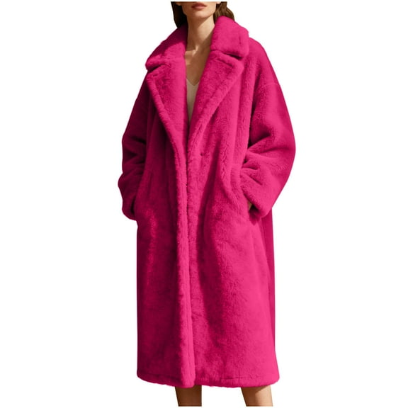Uaswgudfs Women's Winter Faux Fur Coat, Oversized Mid-Length Fluffy Outerwear, Warm Fleece-Lined Plus Size Trench Coat for Cold Weather, Party & Daily Fashion Wear Hot Pink S